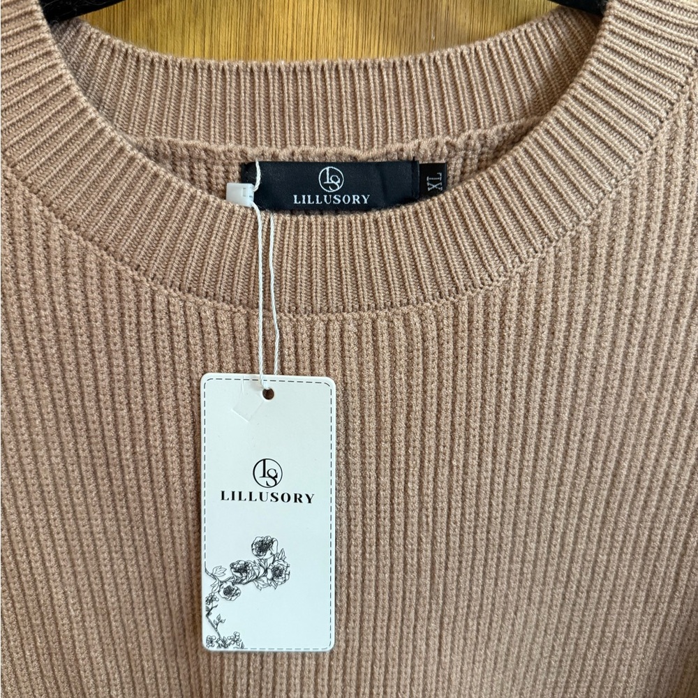 Tan Ribbed Crew Neck Sweater - Picture 2 of 4